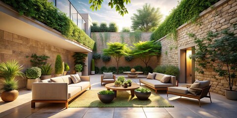 Fototapeta premium Sun-kissed courtyard with lush greenery, natural stone, and minimalist outdoor furniture, epitomizing serenity and simplicity