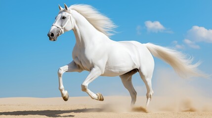 Obraz premium A white horse is running through the sand. The horse is the main focus of the image, and the sand is the background. Scene is energetic and free-spirited