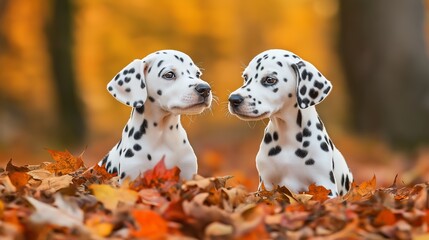 Two Dalmatian puppies are sitting on a pile of leaves. Scene is playful and lighthearted