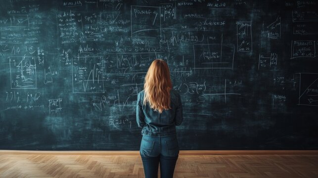 Rear view of teacher by large blackboard