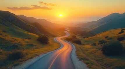 road in mountainous area at sunset. View from above