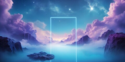 Surreal Landscape Digital Art with Square Frame, Bright Clouds,