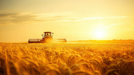 Fototapeta premium Wheat harvesting with combine harvesters at sunset in golden field