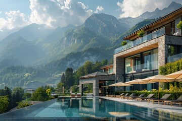 Luxurious mountain resort with pool and sun umbrellas under a bright blue sky, nestled in the Alps, showcasing modern hotel architecture.