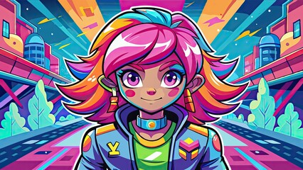 Colorful Anime Girl in Neon City Landscape