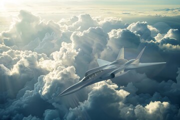 A fighter jet soaring through a clear blue sky, surrounded by fluffy white clouds, showcasing its sleek design and agility, A supersonic jet