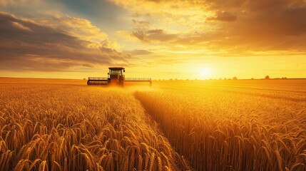 Fototapeta premium Wheat harvesting with combine harvesters at sunset in golden field