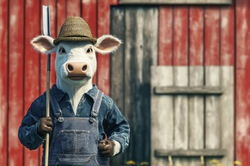 Farmer Cow: A cow in overalls and a straw hat, holding a pitchfork in front of a barn.