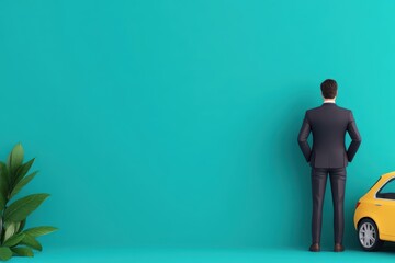Obraz premium A businessman stands in front of a vibrant teal wall, next to a yellow car, embodying confidence and readiness for success.