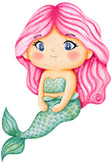 Cute mermaid illustration in watercolor colorful style, pastel sea life, lovely mermaid graphic for kids prints