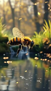 Bumblebee flying in the air over a pond with a waterfall in the background