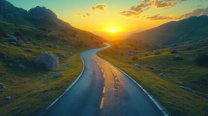 road in mountainous area at sunset. View from above
