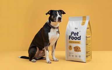 dog sitting next to clean white pet food package, yellow background 