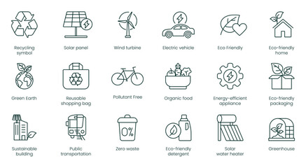 Recycling Symbol, Solar Panel, Wind Turbine, Electric Vehicle, Eco-Friendly, Eco-Friendly Home, Green Earth, Reusable Packaging, Reusable Shopping Bag, Pollution-Free, Organic Food vector icons