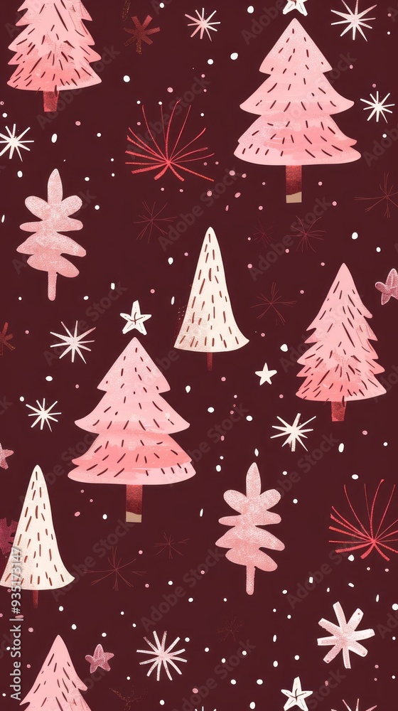 Poster a whimsical christmas pattern showcases charming pink trees and sparkling stars against a dark backd
