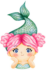 Cute mermaid illustration in watercolor colorful style, pastel sea life, lovely mermaid graphic for kids prints