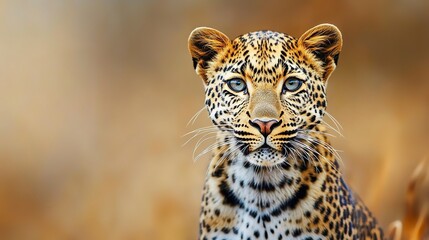 Naklejka premium majestic leopard portrait on Savana blurred background powerful wildlife photography