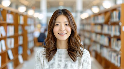 Smiling Young Woman in Library Surrounded by Bookshelves, Enthusiastic Student or Avid Reader, Bright and Welcoming Educational Environment, Pursuing Knowledge and Academic Success, Focus on Learning.