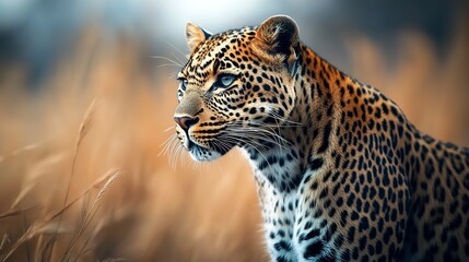 Fototapeta premium majestic leopard portrait on Savana blurred background powerful wildlife photography