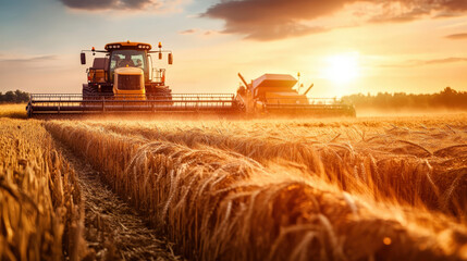 Fototapeta premium Wheat harvesting with combine harvesters at sunset in golden field