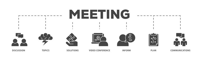 Meeting icons process structure web banner illustration of communications, topics, solutions, plan, inform and video conference  icon png transparent background.
