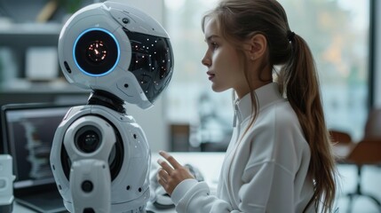 Woman opposite AI. The concept of the confrontation between humanity and artificial intelligence.