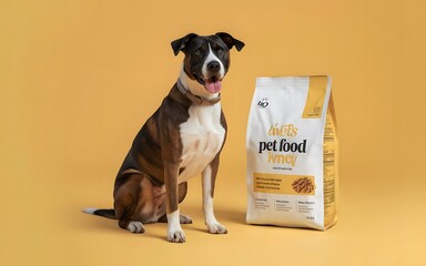 dog sitting next to clean white pet food package, yellow background