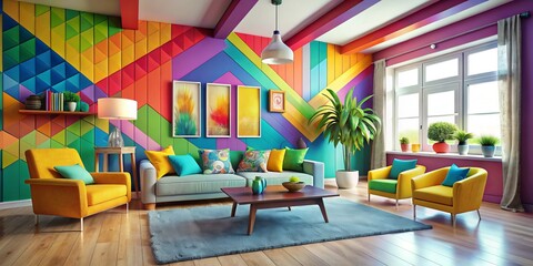 Fototapeta premium vibrant colorful abstract building logo fusion with whimsical dreamy home interior decor eclectic furniture bold color blocking and playful creative textures