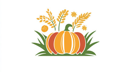 Autumn harvest logo,  scene with pumpkins and fields in minimalist style