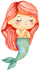 Cute mermaid illustration in watercolor colorful style, pastel sea life, lovely mermaid graphic for kids prints