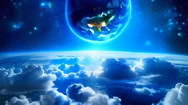 The earth is rotating view from an atmosphere with clouds of an another planet