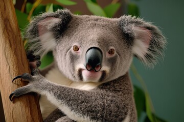 Naklejka premium A cute koala perched on a tree, showcasing its endearing features and fluffy fur, set against a natural background.