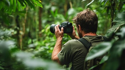 man photographing wildlife in dense jungle setting