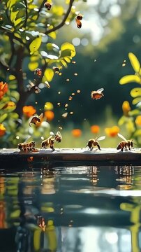 Honey bees flying in the air on the surface of the water