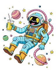 Cartoon Astronaut Drinking Juice in Space