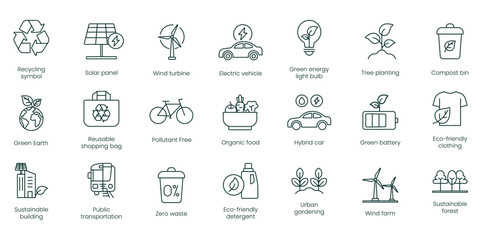 Recycling Symbol, Solar Panel, Wind Turbine, Electric Vehicle, Green Energy Light Bulb, Tree Planting, Compost Bin, Green Earth, Reusable Shopping Bag, Pollution-Free, Organic Food vector icons