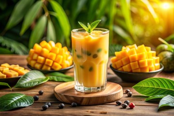 Vibrant Summer Delight: Capture a refreshing mix of juicy mango chunks and colorful boba pearls in a glass, surrounded by lush green leaves and warm sunlight.