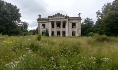 old decaying mansion surrounded by overgrown weeds, Generative AI
