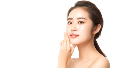 Fototapeta premium A beautiful Asian woman with her hand touching the side of her face isolated on transparent background PNG. 
