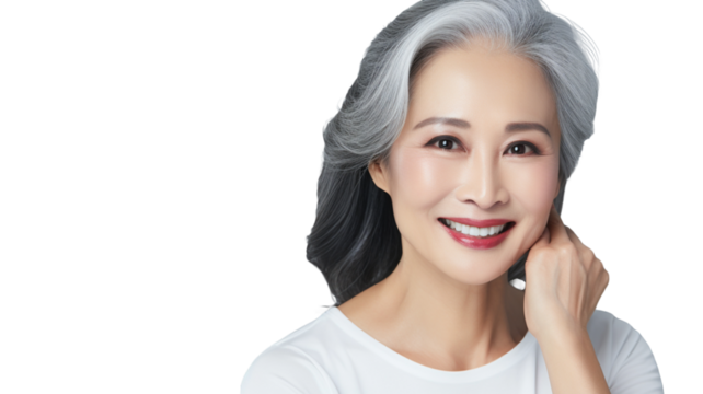 A youthful asian middle-aged woman touching her perfect soft face skin with fingers isolated on transparent background PNG.