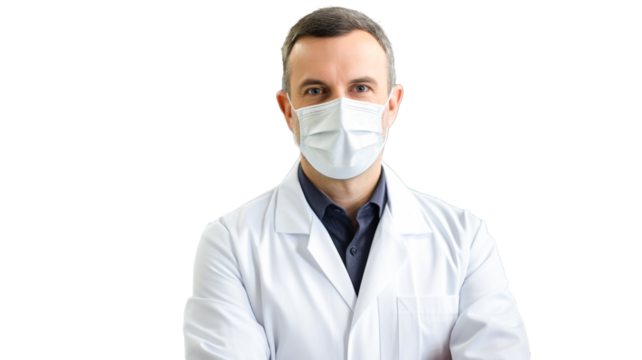 Handsome doctor portrait with a white coat, face mask isolate on transparency background PNG.

