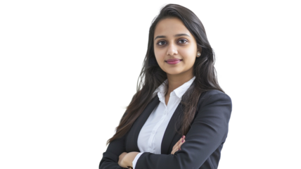 Portrait of a Indian female happy confident woman, consultant isolated on transparency background PNG.