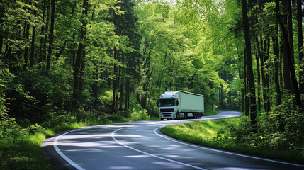 Obraz premium truck driving through green forest, bird's eye view