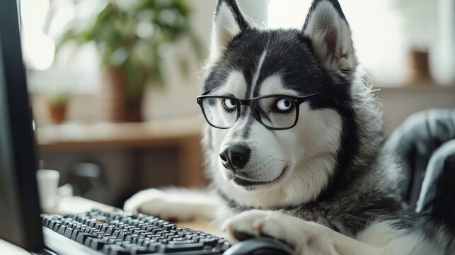 Cute husky dog looking into computer and document working in glasses