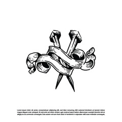 Vintage engraving two nail with ribbon bow vector art illustration