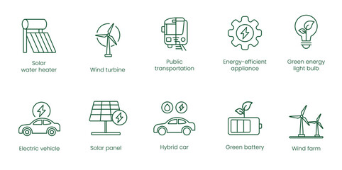 Solar Water Heater, Wind Turbine, Public Transportation, Energy Efficient Appliance, Green Energy Light Bulb, Hybrid Car, Solar Panel, Electric Vehicle, Green Battery, Wind Farm Vector Icons