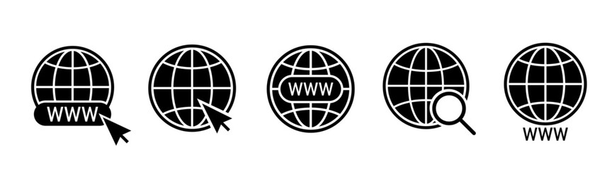 Globe icon set. Website Icon.  World icon. Www icons with cursor. Globe world icon. Vector www icon.