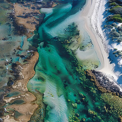 beach with sky ,A beautiful beach with a clear blue ocean and mountains in the background. The sky is clear and the sun is shining brightly , A boat is traveling through a body of water with a blue 
