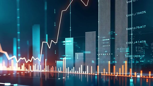 Abstract glowing stock market trading graph chart with digital data interface for business analysis, finance, and investment concept.