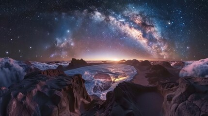 Naklejka premium Mountain Range Under a Starry Sky with the Milky Way